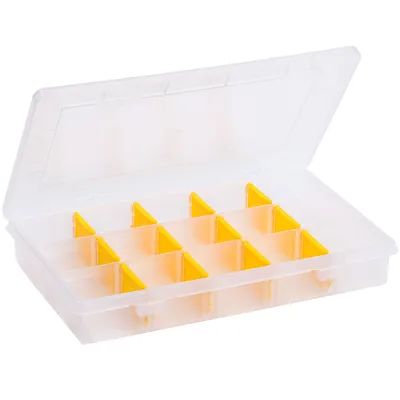 An open, transparent plastic storage box with yellow dividers, shown against a white background.