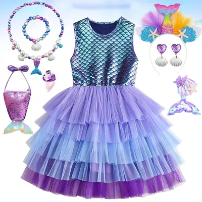 Obrázek produktu pro Kostým mořské panny pro dívky - Princeznovské šaty - S 8 doplňky - Karneval a Halloween