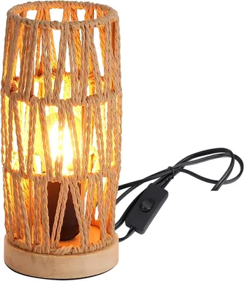 Produktbild von Dekorative Tischlampe aus Naturratan „BEJA“ – Boho-Vintage-Design mit Holzbasis, E27-Fassung