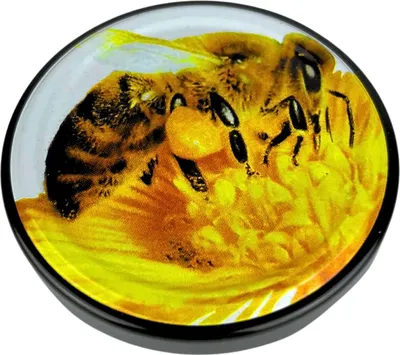 A close-up of a bee on a yellow flower, likely a decorative element on a product.