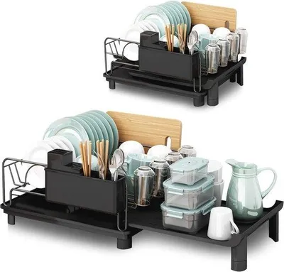 Image de Égouttoir de cuisine de grande capacité avec bac de récupération, bac de récupération inclus, noir, en métal