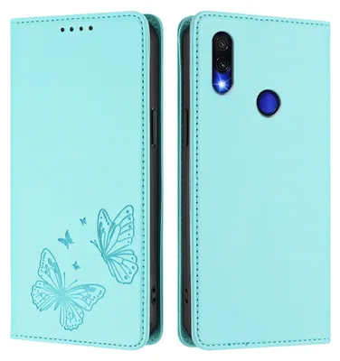 Produktbild von Lederhülle für Xiaomi Redmi Note 7/Note 7 Pro, Schmetterling Prägung Leder Brieftasche Schutzhülle mit Ständer Türkis