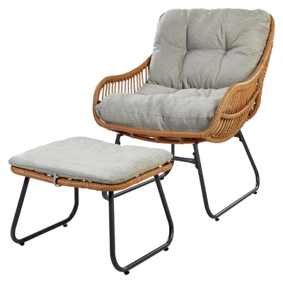 Produktbild von Gartensessel mit Fußhocker aus Polyrattan in Natur und grauen Kissen