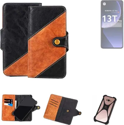 Produktbild von K-S-Trade Handyhülle Schutzhülle Bookstyle Case Wallet-Case kompatibel mit Xiaomi 13T Pro Handy Cover Bumper Klapphülle schwarz hellbraun 1x