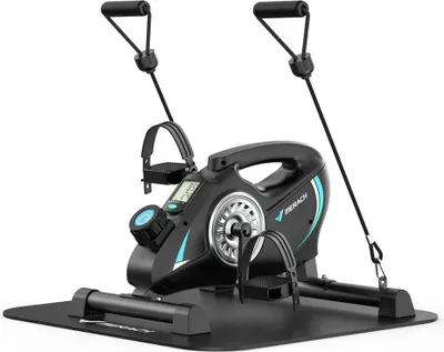 A black mini exercise bike with resistance bands, displayed on a black mat against a white background.