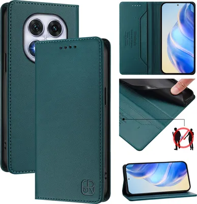 Collage of images showing a dark green leather flip wallet case for a smartphone, with close-ups of its features and a phone inside.