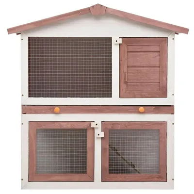 Immagine prodotto di Gabbia per conigli con 3 porte, resistente alle intemperie, dimensioni 94x60x98 cm, colore marrone/bianco, realizzata in legno di pino