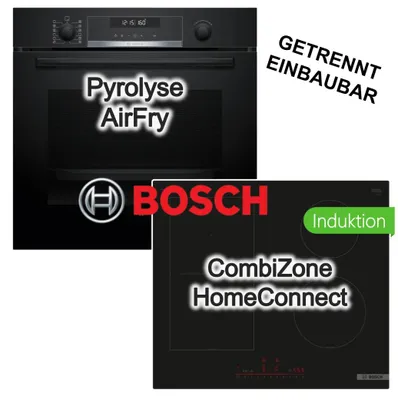 Produktbild von Bosch Herdset Einbaubackofen AirFry Pyrolyse+ Induktionskochfeld CombiZone PowerBoost HomeConnect
