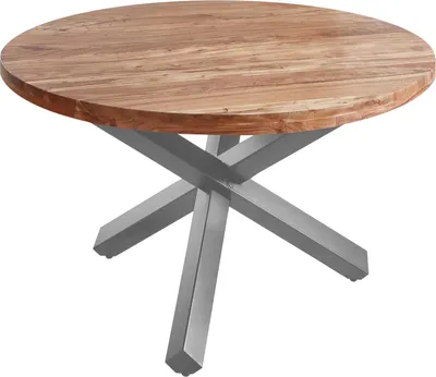 Produktbild von Runder Esszimmertisch 140 cm Runa, Akazienholz massiv, Esstisch naturfarben, Sternfuß aus Metall Silber, Holztisch mit aufgedoppelter Tischplatte 50mm (25+25mm)