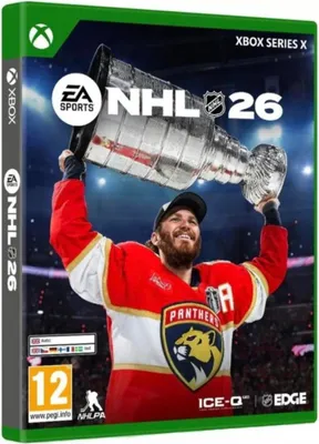 A video game box cover for NHL 26 on Xbox Series X, featuring a hockey player holding the Stanley Cup.