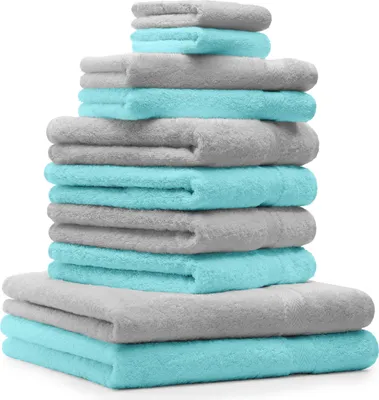 Produktbild von Betz 10-tlg. Handtuch-Set PREMIUM 2 Duschtücher 4 Handtücher 2 Gästetücher 2 Waschhandschuhe  Farbe: silbergrau & türkis