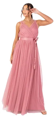 Produktbild von Anaya mit Liebe – Damenmaxikleid, V-Ausschnitt, ärmellos, Wickeldesign mit Rüschenbesatz und Bindeband