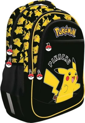 A black backpack with a Pokémon theme, featuring Pikachu and the Pokémon logo.