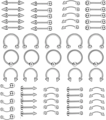 Produktbild von 60-teiliges Uni-Set aus Edelstahl für Lippen, Nägel, Augenbrauen, Nasenring, Piercing, gemischtes Set