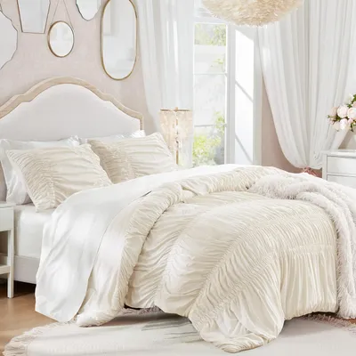 Immagine prodotto di Biancheria da letto in seersucker, 220x240 cm, beige, 3 pezzi, a righe, stile shabby chic