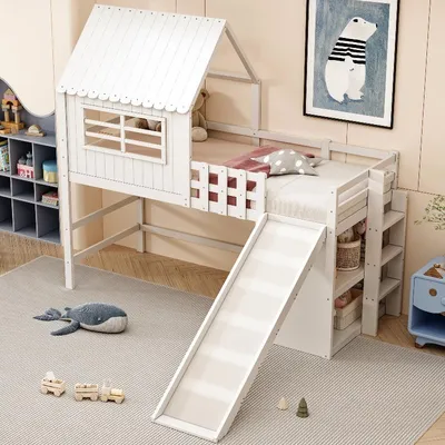 Produktbild von Kinderhochbett 90x200cm mit Rutsche und Sicherheitsleiter, Massivholz Kinderbett mit Dachdesign, Stauraumfächern und Lattenrost in Weiß/Rosa