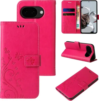 Produktbild von Handyhülle für Google Pixel 10a Floral Blumen Schmetterling Flip Cover Hülle Case Klapphülle Handytasche Farbe: Pink