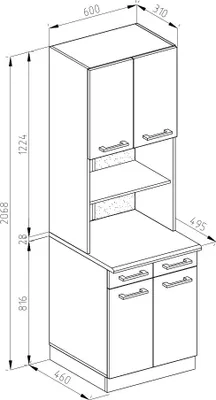 A technical drawing of a kitchen cabinet with dimensions.