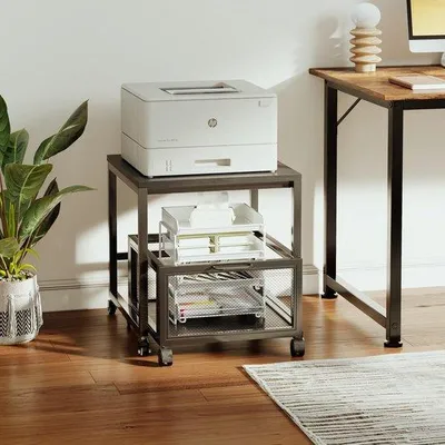 Zdjęcie produktu dla Mobilna wózka do drukarki Unyqoos® z szufladą, blokowanymi kółkami i udźwigiem do 70 kg – idealna do biura i domu, wykonana ze wzmocnionej stali