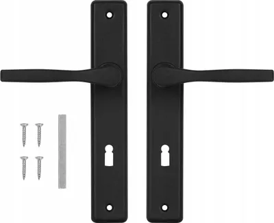 A set of black door handles with keyhole plates and screws, presented on a white background.