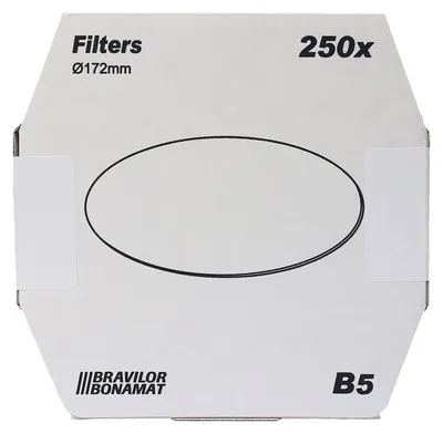 A cardboard box for coffee filters. The box has text indicating the product type, size, and quantity, as well as a brand logo.