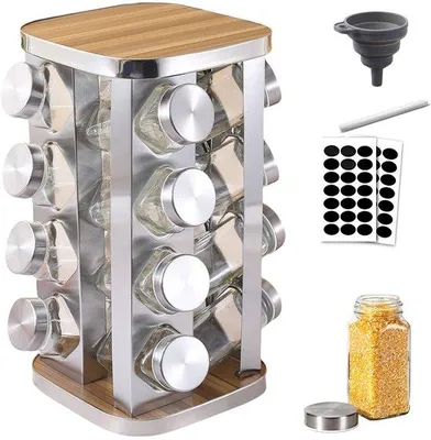 Produktbild von Drehbarer Kräutereinsatz um 360° – aus Edelstahl – mit 16 Kräuterdosen (120 ml), einer Holzablage und Glasbehältern
