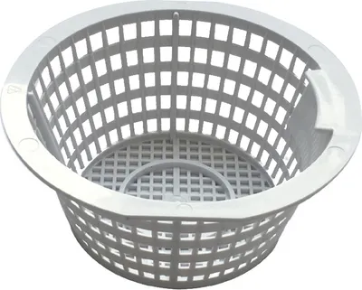 A white plastic skimmer basket for an above-ground swimming pool.