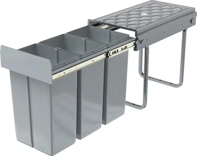 A gray, three-compartment pull-out trash sorting system with telescopic rails, shown against a white background.