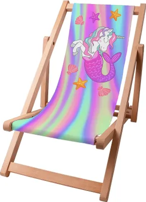 A wooden deck chair with a colorful fabric seat featuring a mermaid unicorn illustration and a pastel striped background.