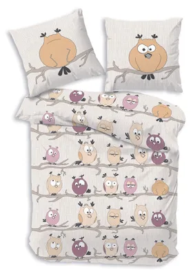 Produktbild von Dobnig Bettwäsche Flanell - Eulen 155 x 220 cm lustige Eulen, sandfarben