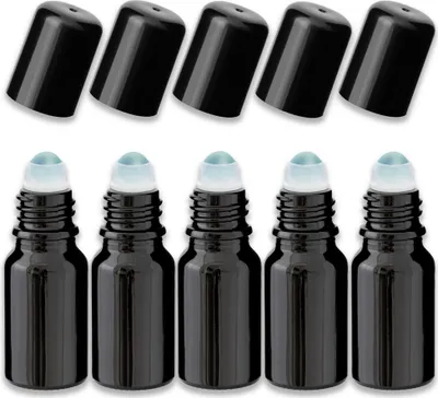 Produktbild von 5x Glasflasche schwarz 10 ml Roll-on mit schwarzer Kappe Miniflasche