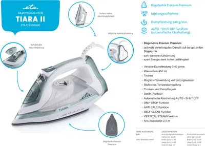 Produktbild von ETA Dampfbügeleisen TIARA II ETA226990000, 2400 W, Dampfstoß 140 g/min. Funktion: AUTO-SHUT OFF, VERTICAL STEAM, DRIP STOP, ANTI CALC, SELF CLEAN