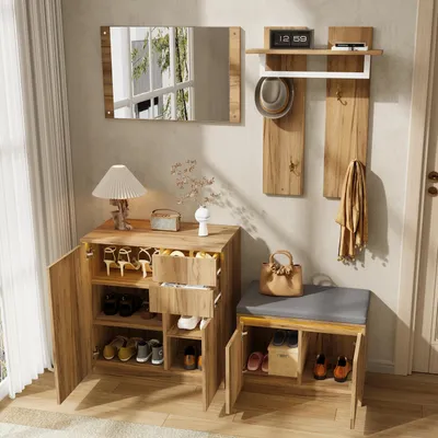 Produktbild von STILVORA Garderoben-Set mit Spiegel und Kleiderstange, Flurmöbel mit Schuhschrank und Schuhbank, Flurgarderobe mit Haken für Diele