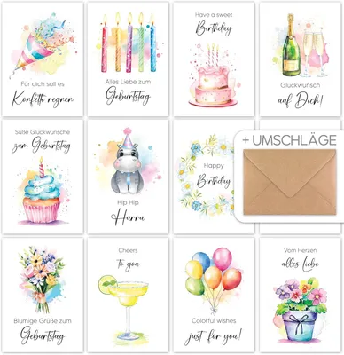 Produktbild von Geburtstagskarten mit Umschlägen 12 Stück, Postkartenformat, für Geburtstag