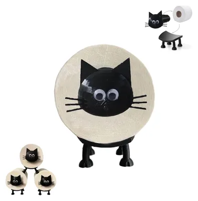 Image de Porte-rouleau de papier toilette en forme de chat - Porte-rouleau de papier toilette amusant, imprimé en 3D, à poser sans perçage, décoratif pour la salle de bains, porte-rouleau de papier toilette (chat noir)