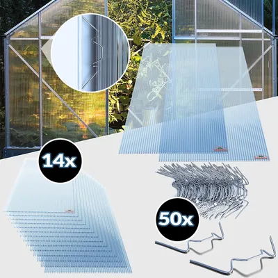 Image de GARDEBRUK® 14x Plaques de polycarbonate creux 4mm 121x60,5cm 50 clips vitrage serre de jardin 10,25m² résistant UV double paroi isolante alvéolaire