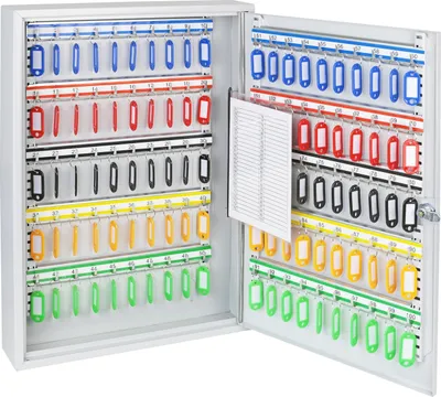 Produktbild von Schlüsselschrank aus Stahl mit 100 Haken, abschließbar, HMF, 55x38x8 cm, Grau