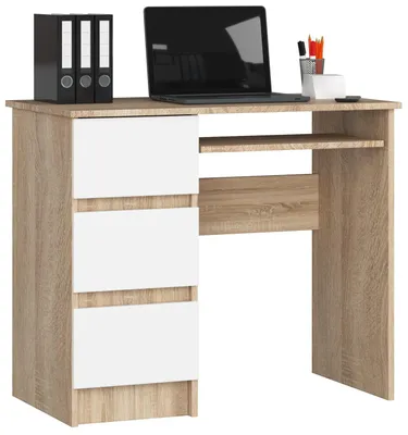 Obrázok produktu pre Akord Počítačový Stôl S 3 Zásuvkami (Vľavo) Dub Sonoma/Biela 90X50X77 Cm