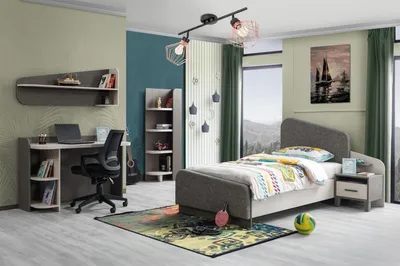 Produktbild von Kinderzimmer-Set aus Holz in Grau mit Bett, Nachttisch und Bücherregal