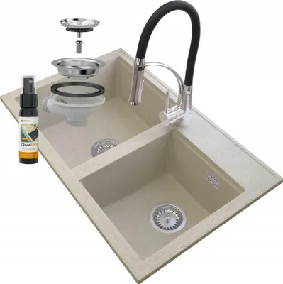 Produktbild von Granitan | Zlewozmywak granitowy HEKTOR - Beżowy - 2 komory - Nowoczesny design - W komplecie chromowana bateria