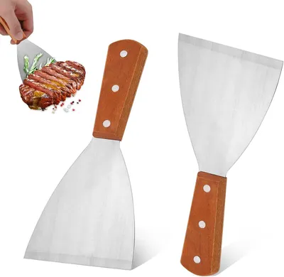 Imagen del producto de Espátula de acero inoxidable para parrilla, ancha, plana, con mango de madera, 1 unidad, para la cocina