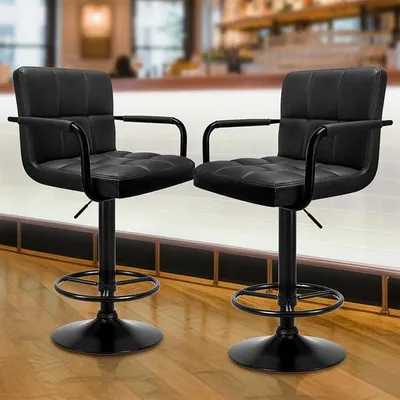 Imagen del producto de Juego de 2 taburetes de bar, sillas con respaldo, reposabrazos y reposapiés, giro de 360°, taburete de bar moderno de cuero sintético PU, con altura ajustable de 55 a 76 cm (PU , base negra)