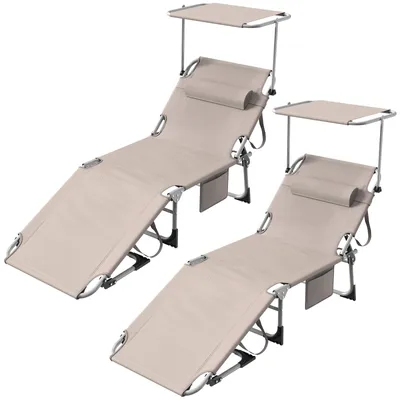 Produktbild von Arvioo 2X Sonnenliege klappbar, Gartenliege mit Dach, Liegestuhl mit verstellbarer Rückenlehne, bis 150kg belastbar, Strandliege Relaxliege, Khaki
