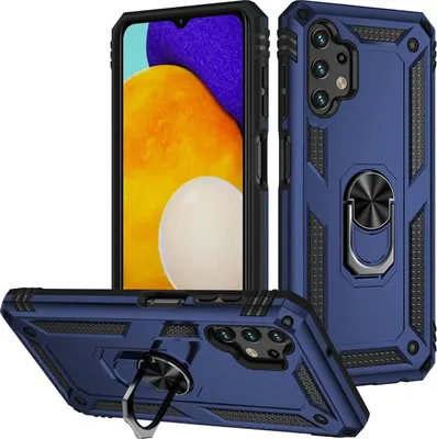 A collage of three images showing a blue phone case with a ring holder from different angles.