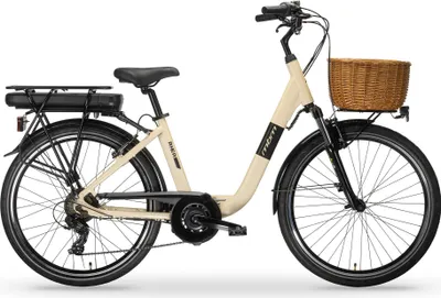 A cream-colored electric city bike with a basket and rear rack is shown against a white background.