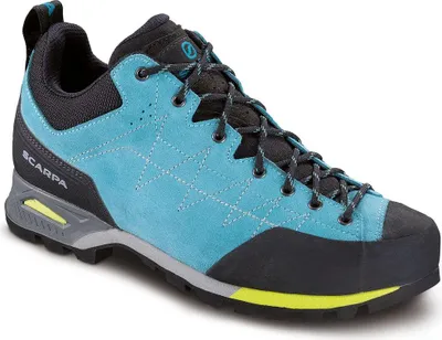 Zodiac Wmn Wanderschuhe von Scarpa in Türkis mit schwarzem Obermaterial und gelben Akzenten.