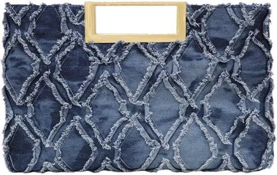 Produktbild von Unyqoos® Damen-Clutch Abendtasche Denimblau 21 x 4 x 31 cm – Prisma-Design mit Fransen, Ketten-Schulterriemen, Metallgriff & Magnetverschluss