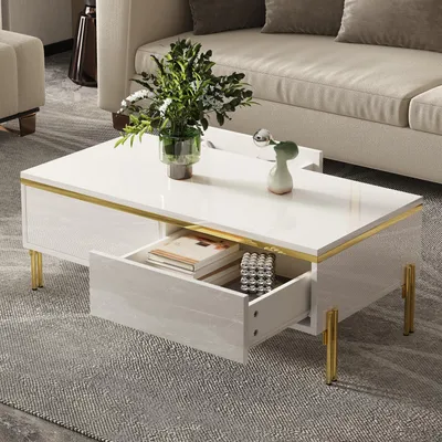 Image de Table basse brillante Merax avec 2 tiroirs et éléments décoratifs dorés, table de salon avec pieds métalliques, meuble de salon multifonctionnel, blanc