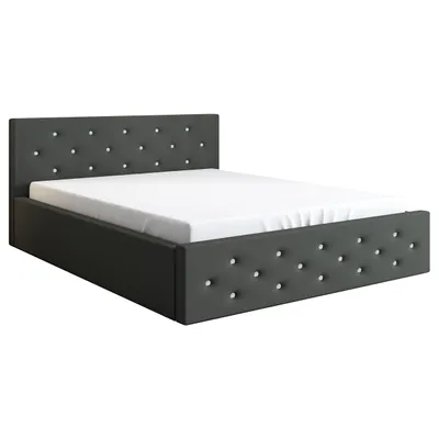 A gray upholstered bed with a white mattress on a white background.