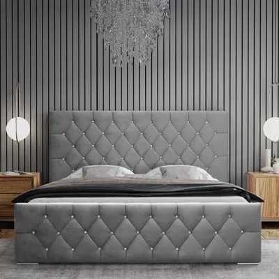 Produktbild von GOLDSTOFF Kristall Polsterbett 140×200 cm mit Bettkasten | Samtbett mit Kristallen & hohem Kopfteil | Stauraumbett mit Lattenrost (Grau)
